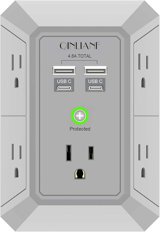 USB Wall Charger, Surge Protector, QINLIANF 5 Outlet Extender with 4 USB Charging Ports (4.8A Total) 3-Sided 1680J Power Strip Multi Plug Outlets Wall Adapter Spaced for Home Travel Office(2U2C),Grey