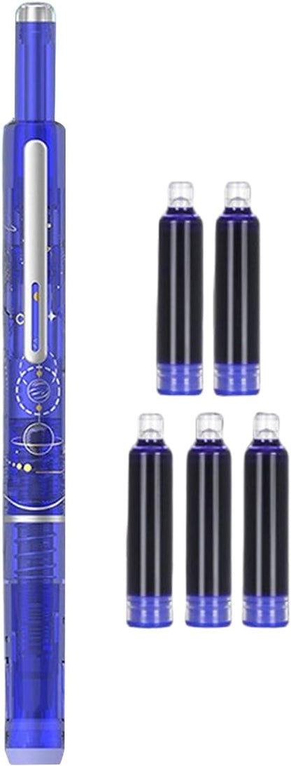 0.38mm Retractable Fountain Pen - Smooth Writing, Leak Proof Design, Comes with 5 Refillable Ink Cartridges | Writing Tool for Notebook Art Sketching School Office Journaling Creative Use