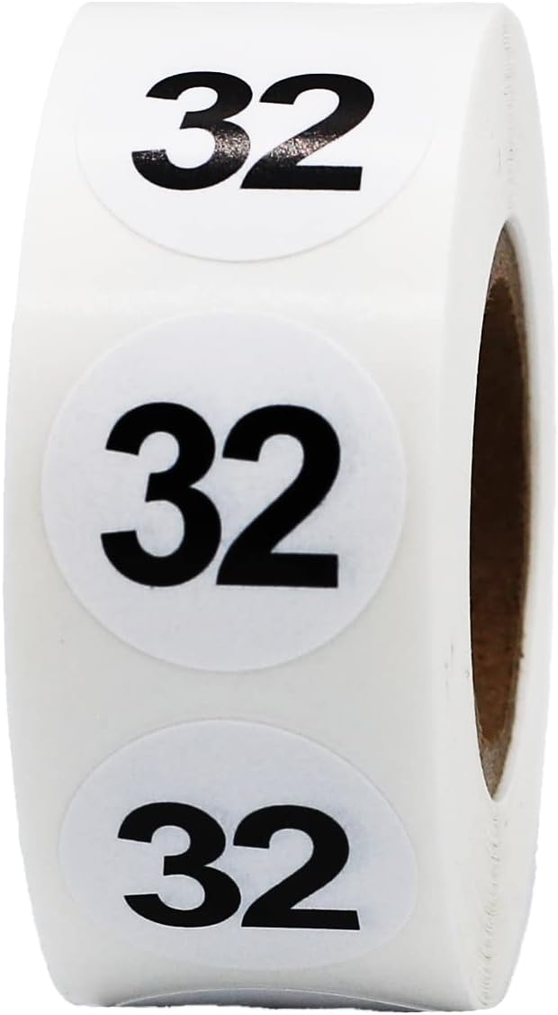 White with Black Number 32 Circle Dot Stickers, 3/4 Inch Round, 500 Labels on a Roll