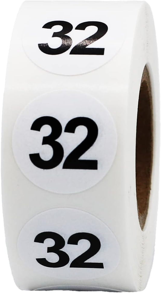 White with Black Number 32 Circle Dot Stickers, 3/4 Inch Round, 500 Labels on a Roll