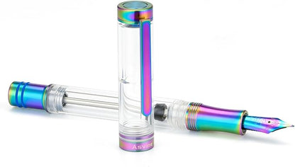 Asvine V200 Titanium Fountain Pen Vacuum Filling, Rainbow Bock Fine Nib Transparent Acrylic Smooth Writing Pen Case Set