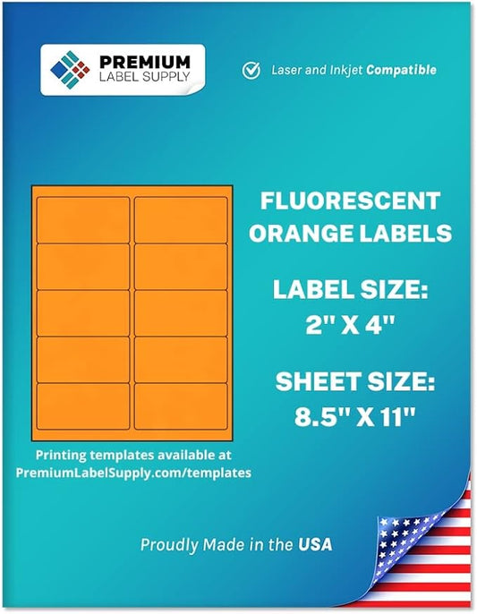 Premium Label Supply Bright Neon Color Fluorescent Stickers - 2" x 4" Labels - (Orange Fluorescent, 1000 Labels)