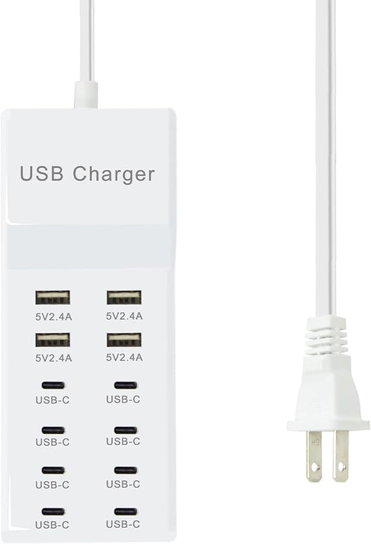 USB Charger, 12-Port USB Charging Station (4 USB-A Ports and 8 USB-C Ports) Multiple USB Charger Station Compatible with iPhone 15/14/13/13pro max 12/12/12 Mini/12Pro/12Pro, Tablet PC, Smartphone