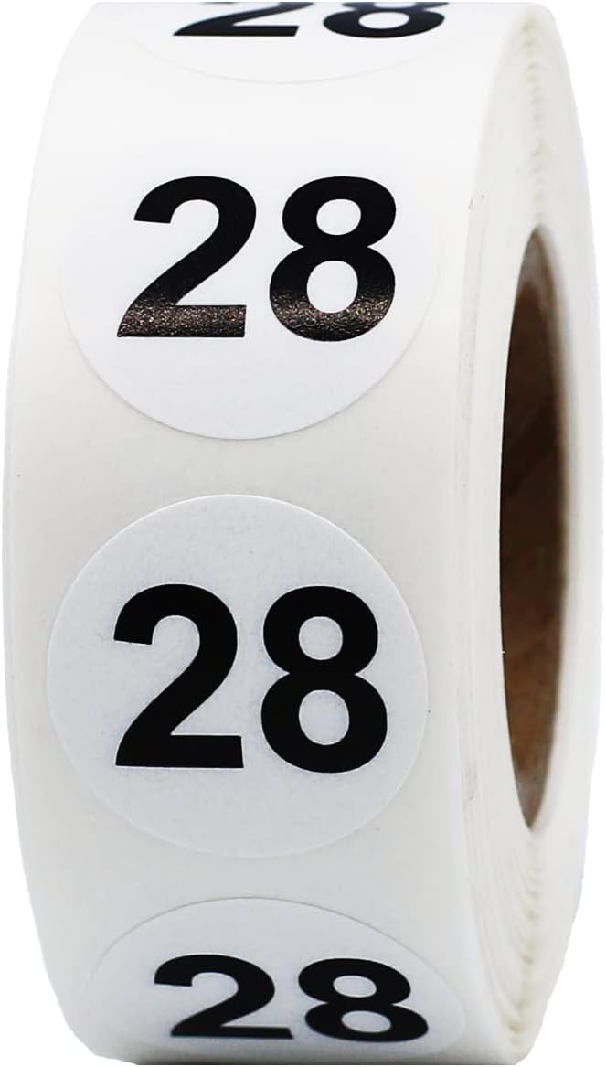 White with Black Number 28 Circle Dot Stickers, 3/4 Inch Round, 500 Labels on a Roll