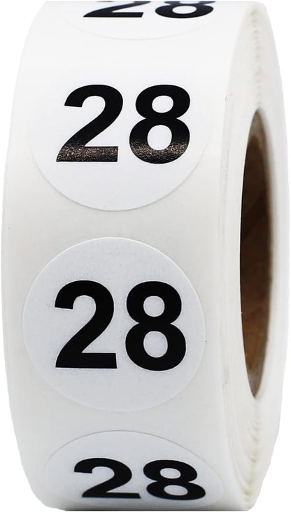 White with Black Number 28 Circle Dot Stickers, 3/4 Inch Round, 500 Labels on a Roll