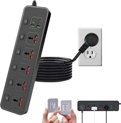 Flat Plug Power Strip with Individual Swtich, Jumpso 6ft Universal Extension Cord with 5 Outlets and 2 USB 4 USB C Ports, Max 3000w, 110-240v, Multiple Outlets Plug Adapter for Office Travel