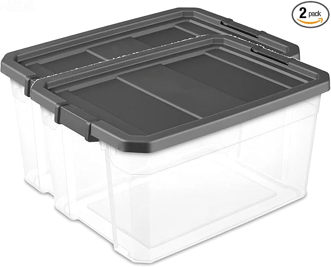 (2 Pack) 76 Quart Durable Clear Plastic Storage Bins, Storage Container with Latch Lid Dark Gray Suitable for Office,Hoilday Decor,Garage Organization.