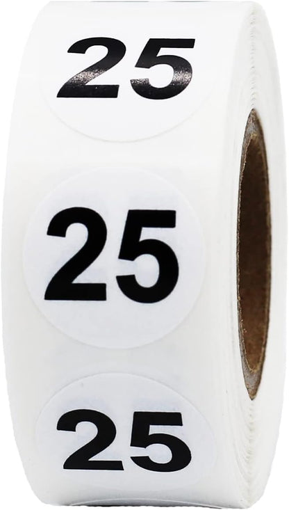 White with Black Number 25 Circle Dot Stickers, 3/4 Inch Round, 500 Labels on a Roll