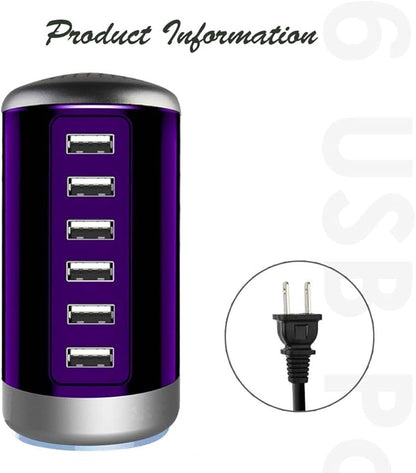Universal USB Charger 6-Port Desktop USB Charging Station Hub with Smart Identification Technology Compatible with iPhone iPad Cell Phone Tablets(Purple)