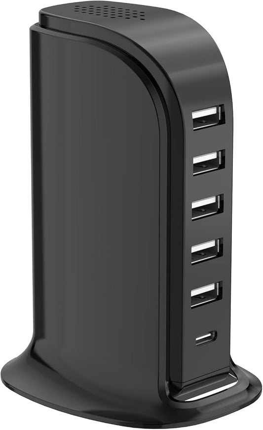USB Charger Block with Type C, 6-Port Chargers for Multiple Devices, USB Charging Hub with Smart IC, Charger Station for Phone/Tablet/Gaming, Wall Charger Adapter Compact&Portable