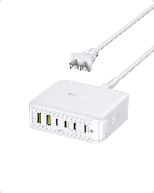 Baseus Charging Station 120W, 6-in-1 USB-C PD Fast Charging Desktop Charger with 5ft Extension Cord, 4 USB C, 2 USB A Ports, Travel Power Strip for iPhone 17/16, iPad Pro, MacBook Pro, Tablet and More