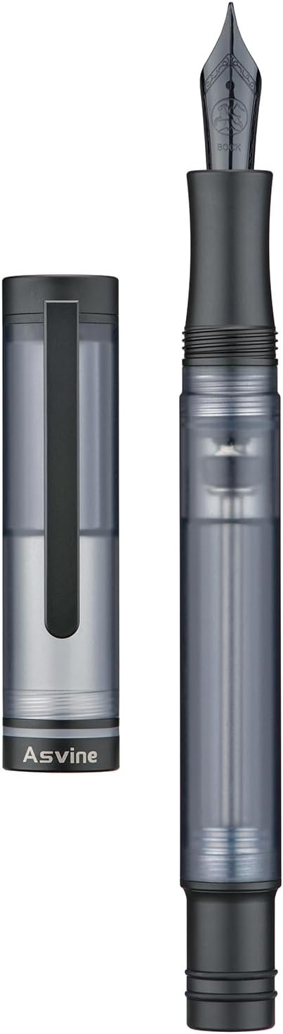 Asvine V200 Titanium Fountain Pen Vacuum Filling, Matte Black Bock Fine Nib Transparent Acrylic Smooth Writing Pen Case Set
