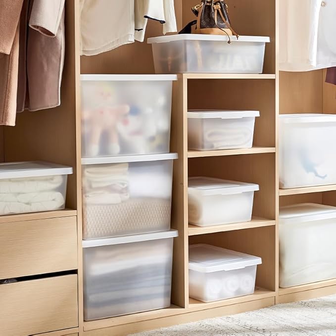 27 Quart Stackable Plastic Storage Bins with Lids,Container to Organize Shoes and Crafts on Closet Shelves,Garage, Totes, Tubs Boxes Organizing 4 Pack (4XL)