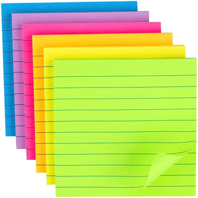 (6 Pads) Lined Sticky Notes 4x4 in, 6 Bright Colors Self-Stick Note Pads, Strong Adhesive, 47 Sheets/Pad