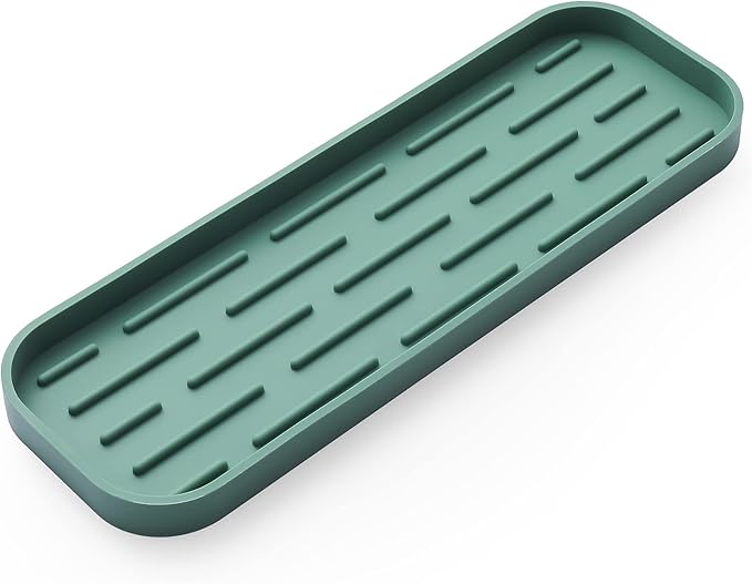 Silicone Kitchen Sink Organizer Tray for Multiple Usage,Eco-Friendly Sponges Holder for Kitchen Bathroom Counter or Sink,Dish Soap Dispenser,Scrubber,Bottle,Cup (Green, 12"×4")
