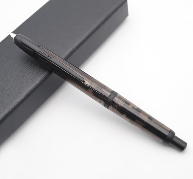 JINHAO 20 Press Fountain Pen, Retractable Capless Resin Pen with Ink Converter (F Nib 0.5mm, Transparent Black - Black Clip)