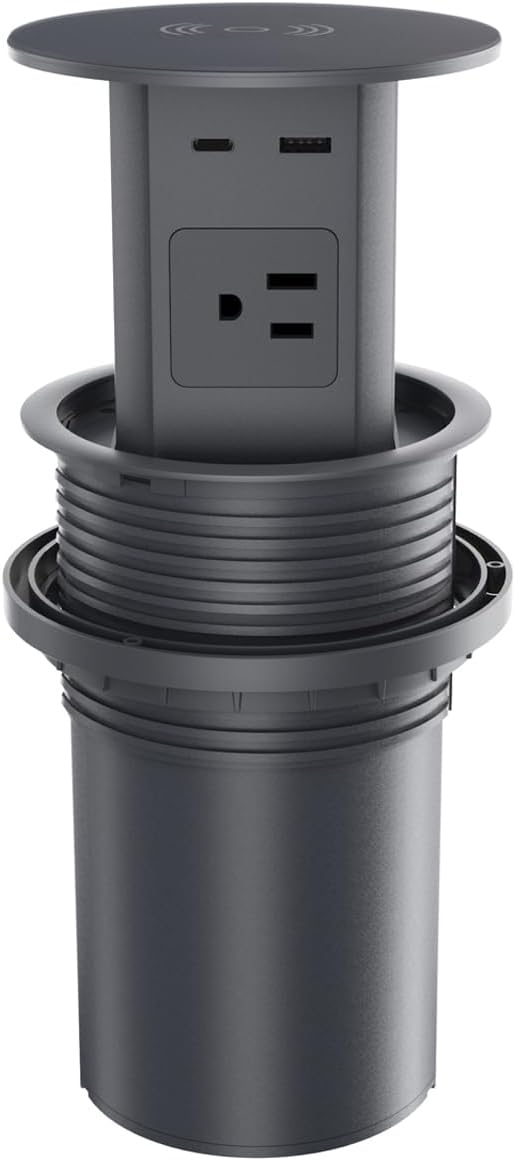 Pop up Outlet - 4-inch Hole,4-AC Outlet,20W USB C,15W Wireless Charging,2-USB Port,Desktop Recessed Grommet Power Outlet for Kitchen Island Countertop,6 ft Cable,Grey