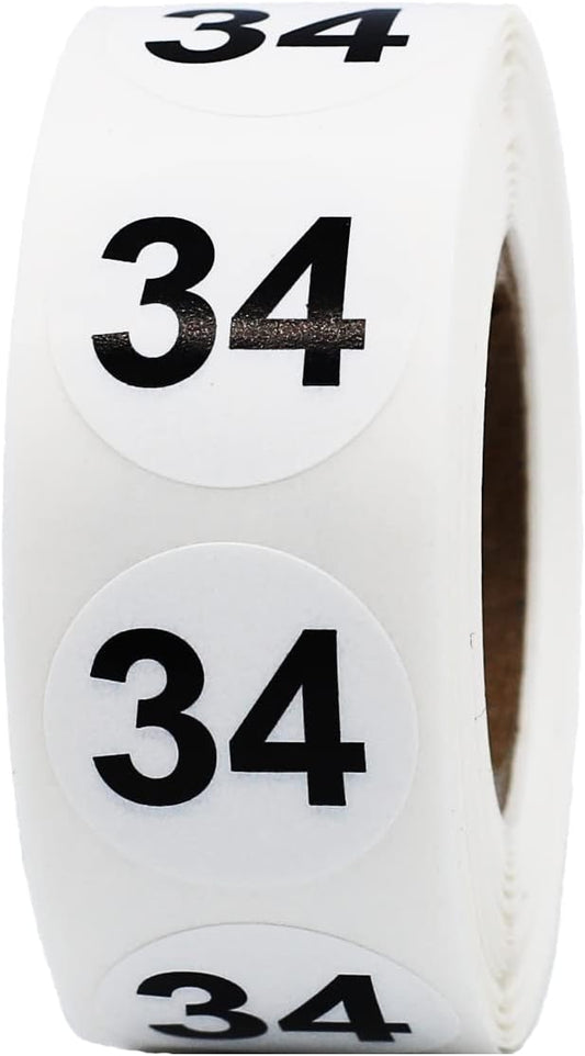 White with Black Number 34 Circle Dot Stickers, 3/4 Inch Round, 500 Labels on a Roll
