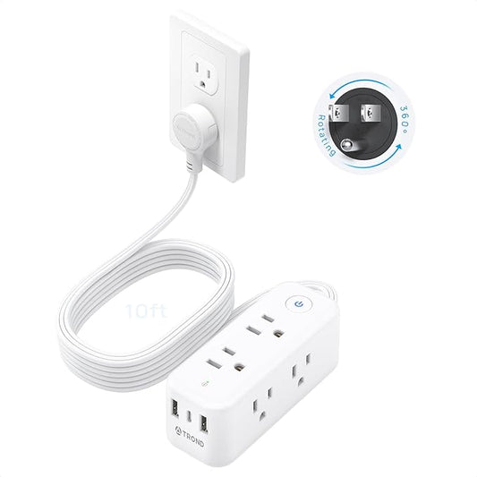TROND 360° Rotating Flat Plug Power Strip, 10ft Extension Cord with 6 Widely Spaced Outlets, 2 USB A and 1 USB C, Wall Mountable, 1440J Surge Protector for Home Travel Office Dorm Essentials, White