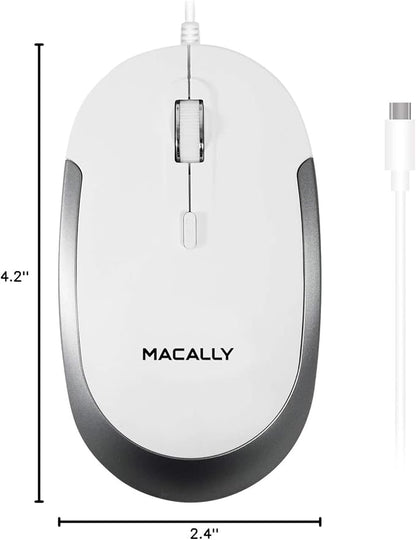 Macally Wired USB C Mouse for Mac & Windows - 3 Button & Scroll Wheel USB Type C Mouse - Comfortable Ambidextrous Design - Compact Wired Mouse with Optical Sensor & DPI Switch 800/1200/1600/2400