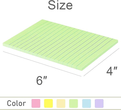 Vanpad Lined Sticky Notes 4X6 in Pastel Ruled Post Stickies Colorful Super Sticking Memo Pads Its, 45 Sheets/pad, 18 Pads/Pack