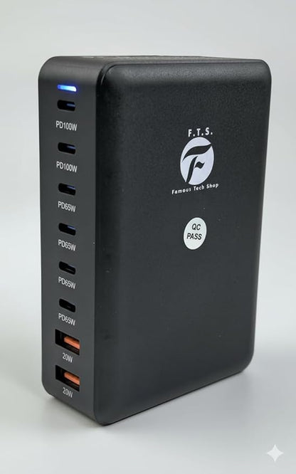 FAMOUS TECH SHOP 500W GaN PD 3.0 PPS USB C Fast Charger: 8 Port Quick Charge Power Station | 6 USB-C + 2 USB-A Smart Power Delivery Desktop Charger for Laptop, MacBook, iPhone 15, iPad, Samsung Galaxy