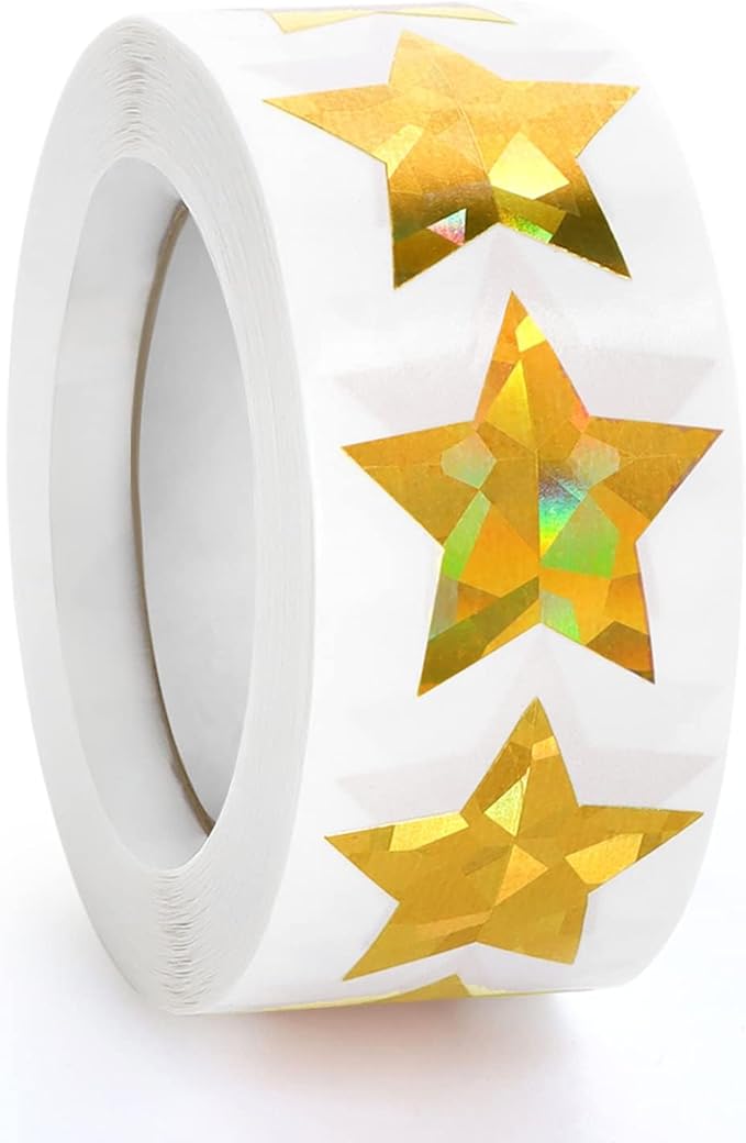 500 PCS Holographic Gold Star Stickers, 1 inch Self Adhesive Metallic Glitter Foil Stickers Sparkly Star Sticker Reward Behavior Chart Labels for Kids Students Teachers Supplies