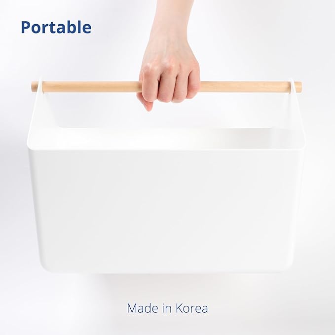 BLUE GINKGO Large Storage Basket – Plastic Caddy with Wooden Handle for Bathroom, Pantry, or Cleaning Supplies (White)