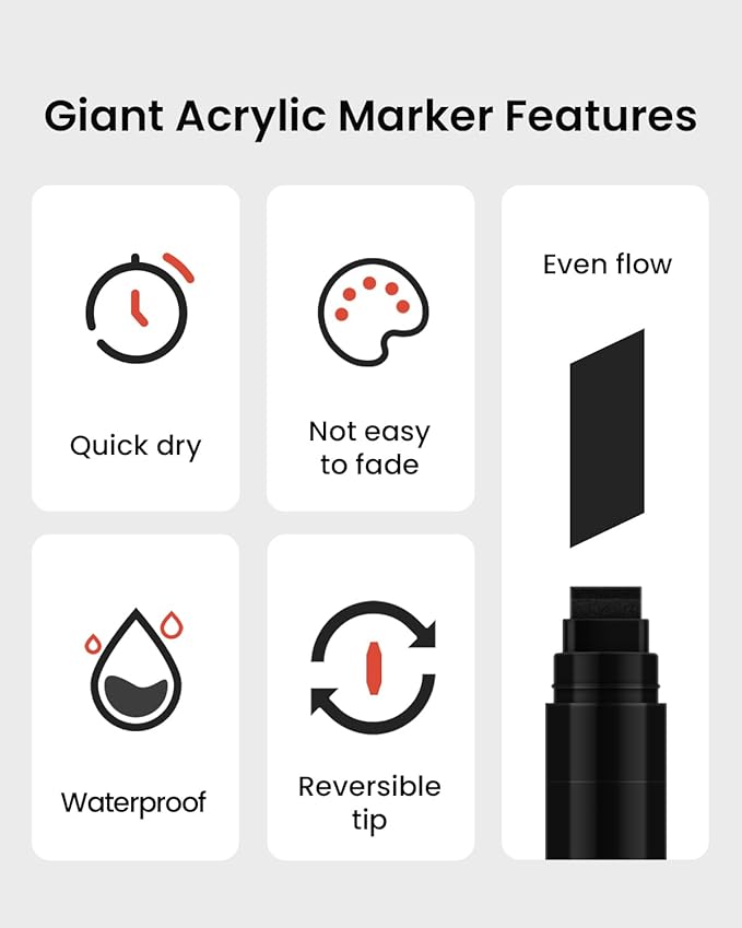Black Poster Markers Jumbo: 5 Pcs 15mm Wide Tip Thick Acrylic Paint Pen Large Permanent Calligraphy Markers for Rock Painting, Stone, Poster, Canvas, Glass, Wood, Ceramic