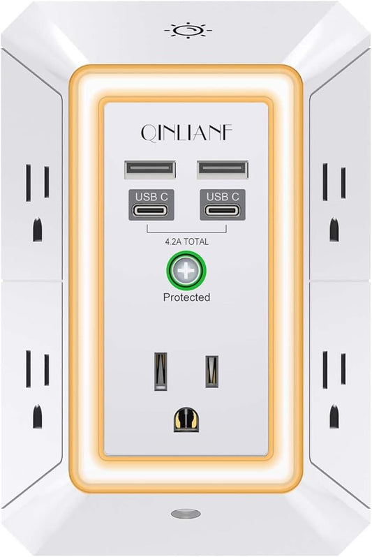 3-Sided Outlet Extender with Night Light - QINLIANF Multi Plug Outlet with 5 Outlets and 4 USB Ports(2 USB-C), USB Wall Charger for Home, Office, Travel, ETL Listed, White