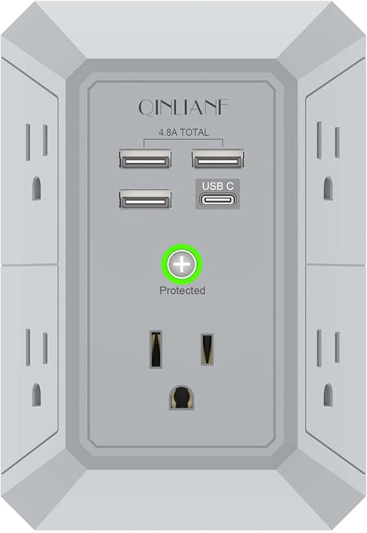 USB Wall Charger, Surge Protector, QINLIANF 5 Outlet Extender with 4 USB Charging Ports (4.8A Total) 3-Sided 1680J Power Strip Multi Plug Outlets Wall Adapter Spaced for Home Travel Office(3U1C),Grey