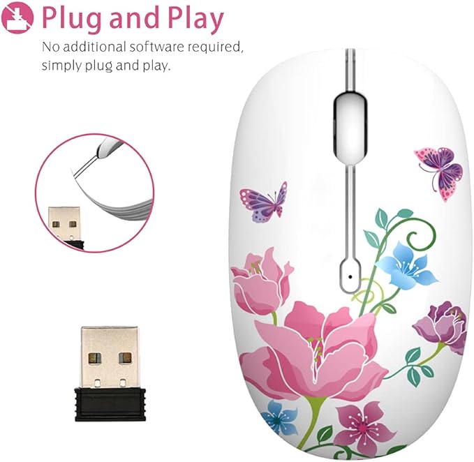 TENMOS M101 Wireless Mouse Cute Silent Computer Mice with USB Receiver, 2.4G Optical Wireless Travel Mouse 1600 DPI for Laptop, Notebook, PC, Computer (Butterfly)