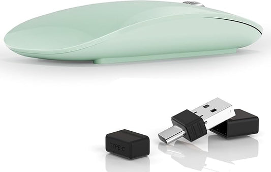 Uiosmuph G11 Wireless Mouse, USB C Rechargeable Computer Mouse, Slim Silent Mice 2.4GHz Optical with USB Nano Receiver and Type C Receiver for Laptop/Mac/PC - Green