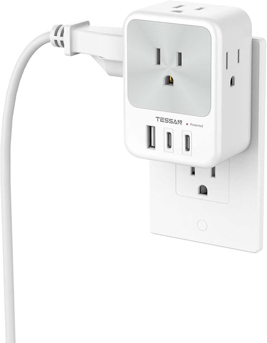 Multi Plug Wall Outlet Splitter, TESSAN Surge Protector 4 Outlet Extender with 3 USB Charger Blocks(2 USB C), 3-Sided Multiple Plug Expander for Home Office Dorm Room School Essentials