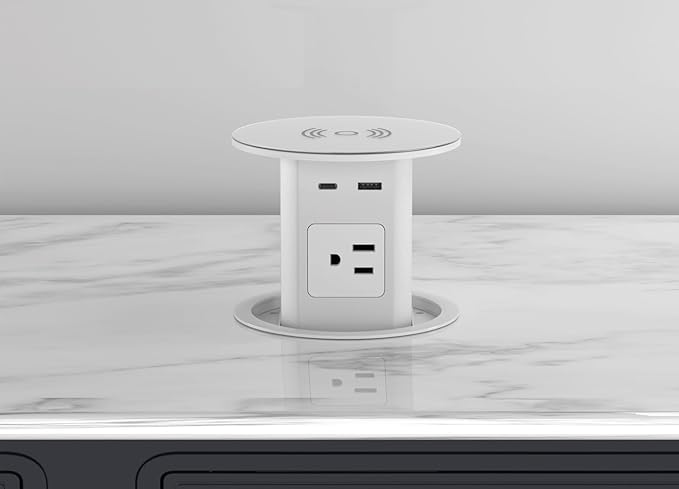 Pop up Outlet - 4-inch Hole,4-AC Outlet,20W USB C,15W Wireless Charging,2-USB Port,Desktop Recessed Grommet Power Outlet for Kitchen Island Countertop,6 ft Cable,White