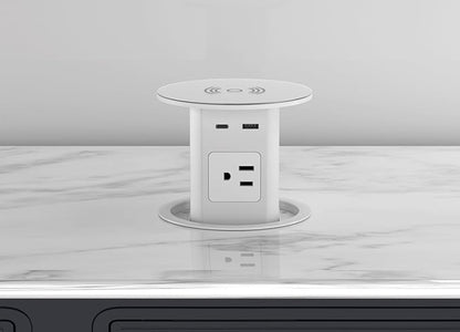 Pop up Outlet - 4-inch Hole,4-AC Outlet,20W USB C,15W Wireless Charging,2-USB Port,Desktop Recessed Grommet Power Outlet for Kitchen Island Countertop,6 ft Cable,White