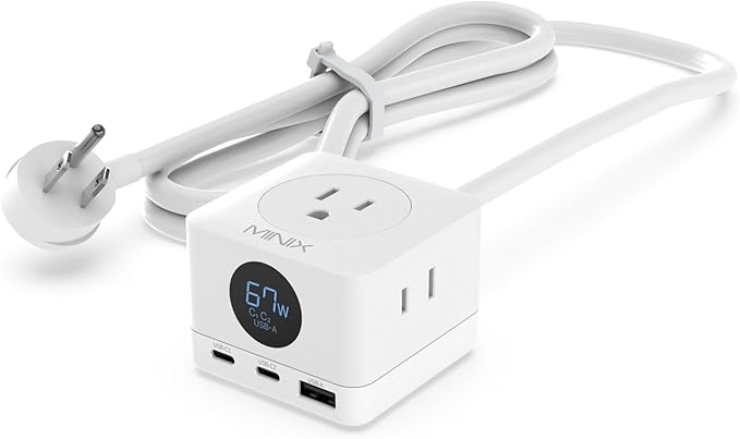 MINIX 67W USB C Charger with 3 Outlets, Gan 3-Port Compact Cube Fast Power Strip Surge Protection, 5ft Extension Cord, for MacBook Pro/Air, iPhone 15/14/Pro, Galaxy S23/S22, for Dorm, Home & Office