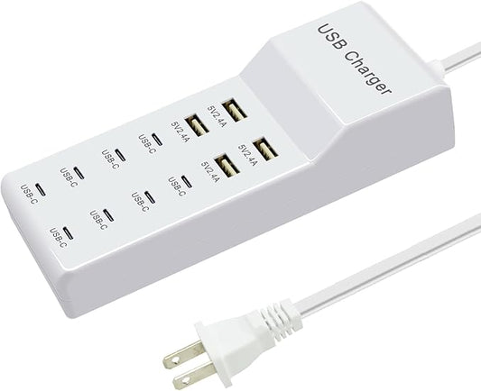USB Charger, 12-Port Charging Station (4 USB-A Ports and 8 USB-C Ports) Compatible with Multiple Devices for iPhone 15/14/13/12Pro, Tablet PC, Smartphone