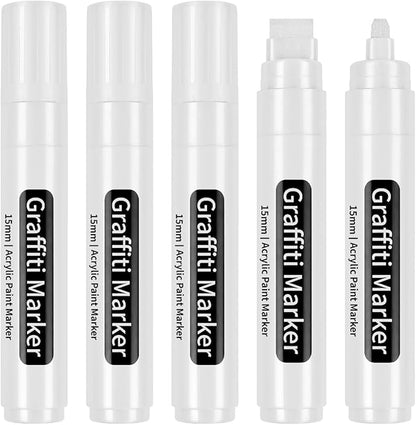 White Poster Markers Jumbo Paint Pen: 5 pcs 15mm Wide Tip Thick Acrylic Paint Pen Large Graffiti Markers for Rock Painting, Stone, Sign, Canvas, Glass, Wood, Ceramic