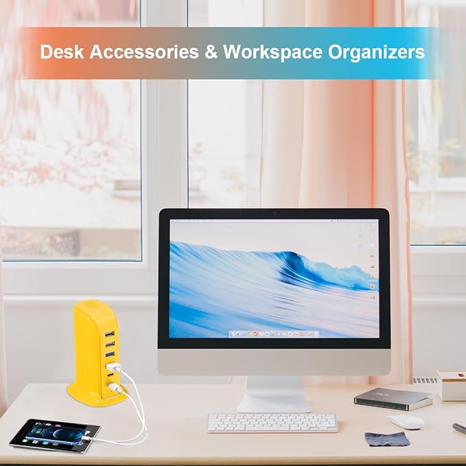 45W USB Charging Station, 6-Port Hub with 4 USB-A & 2 USB-C Ports, 5ft Cable, Yellow