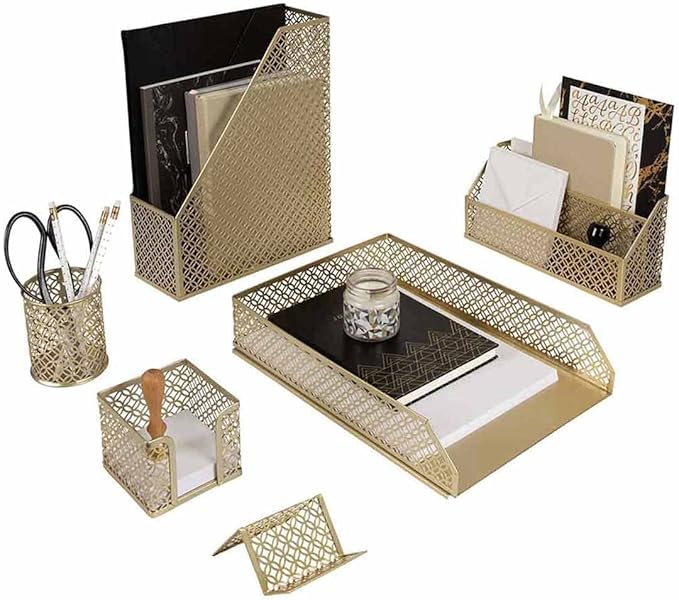 BLU MONACO Gold Desk Organizer Set – Mail Sorter, Sticky Note Holder, Pen Cup, Magazine Holder, Letter Tray & Business Card Holder – Pink Office Decor