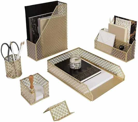 BLU MONACO Gold Desk Organizer Set – Mail Sorter, Sticky Note Holder, Pen Cup, Magazine Holder, Letter Tray & Business Card Holder – Pink Office Decor