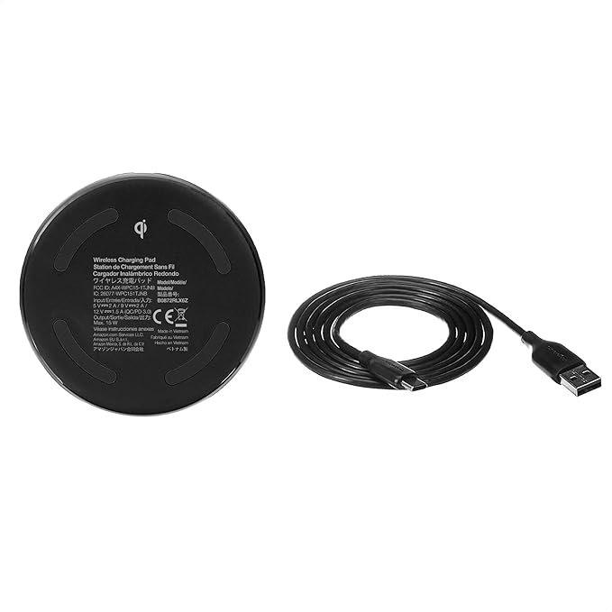 Amazon Basics 15W Qi Certified Wireless Charging Pad for iPhone 16/15/14/13/12/11/X, Samsung and More, with USB Cable, Black