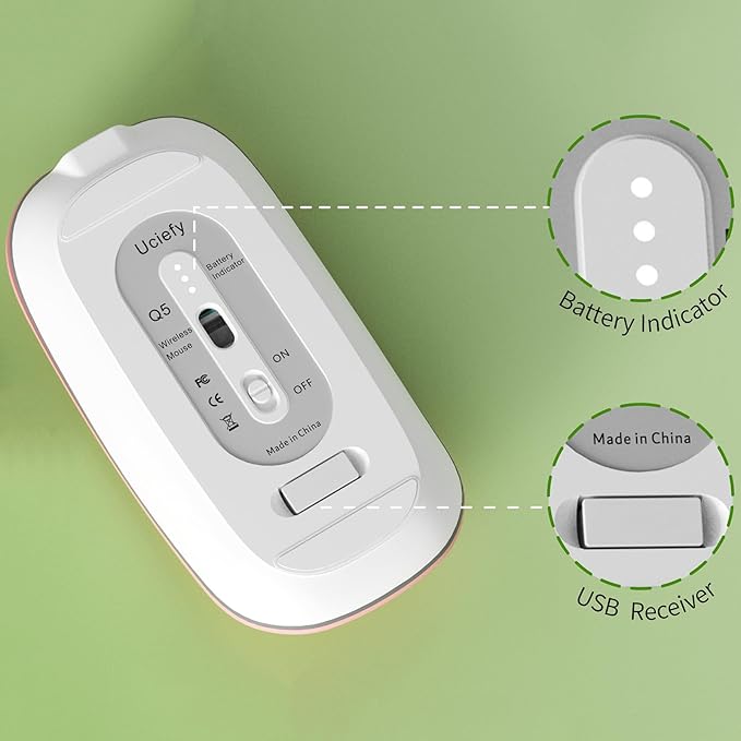 Uciefy Q5 Slim Rechargeable Wireless Mouse, 2.4G Portable Optical Silent Ultra Thin Wireless Computer Mouse with USB Receiver and Type C Adapter, Compatible with PC, Laptop, Desktop (Pink)