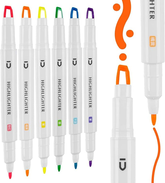 M&G 6 Pcs Cute Dual Tip Highlighters, Rainbow Color No Bleed Dry Quick Chisel Tip Highlighters, Perfect for School,Office, Bible, Notes (Rainbow)