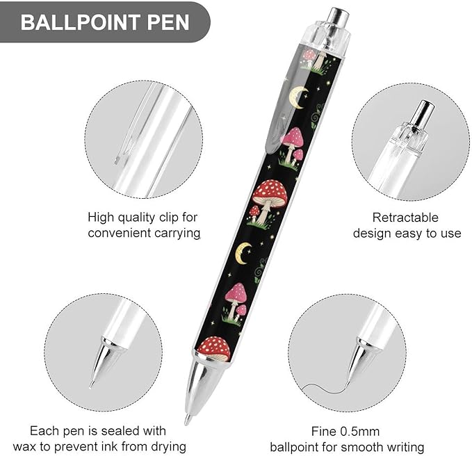 Quick Dry Black Ink Ballpoint Pens 4 Pcs, Frog Mushroom Retractable Pens 0.5mm Study Office Supplies for Men Women