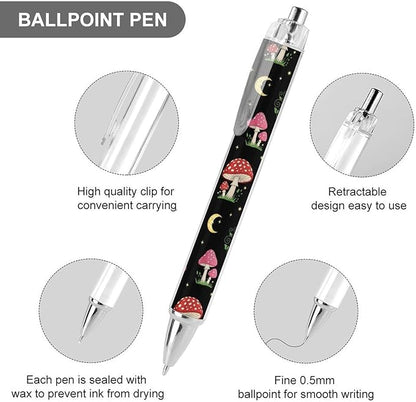 Quick Dry Black Ink Ballpoint Pens 4 Pcs, Frog Mushroom Retractable Pens 0.5mm Study Office Supplies for Men Women