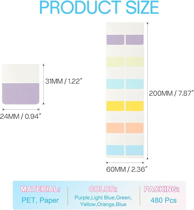 PATIKIL Clear Index Sticky Tabs, 480 Pcs Medium Transparent Sticky Notes Bookmarks Planner Stickers Page Tabs for Office Notebooks File Folder Ledger Book, Classic 6 Colors