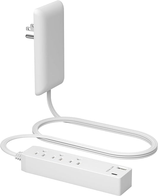 LIDER Outlet Extender with 3 Receptacles, 12W USB Type-A, and USB Type-C, USB Port, Ultra-Thin Wall Plate Plug with Cord Extender, 3-Outlet Power Strip, Flat-Face, ETL-Listed, 3ft Cord, White
