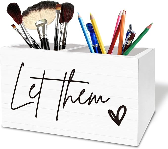 Let Them Inspirational Pen Holder for Desk, Motivational Wooden Box Sign Desk Decor for Home Office Decoration, Positive Affirmation Pencil Organizer, Mental Health Office Decor